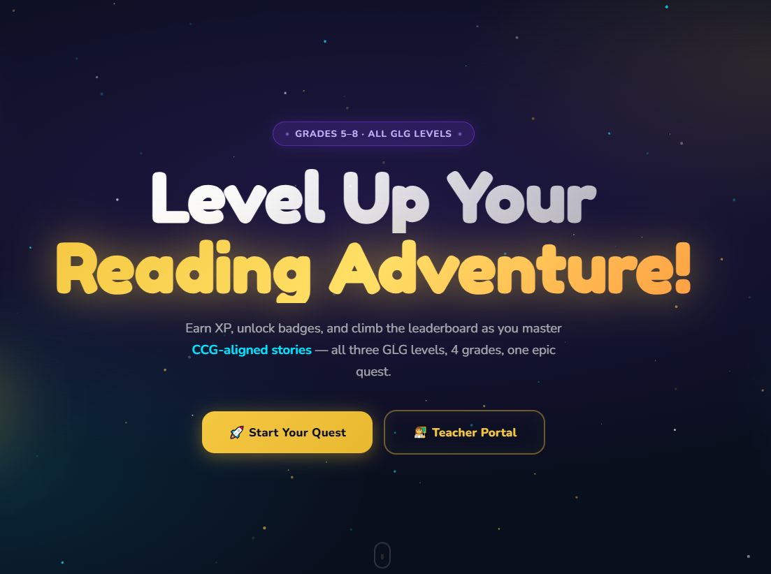 ReadQuest 2026 reading adventure platform interface with quest-style student dashboard.