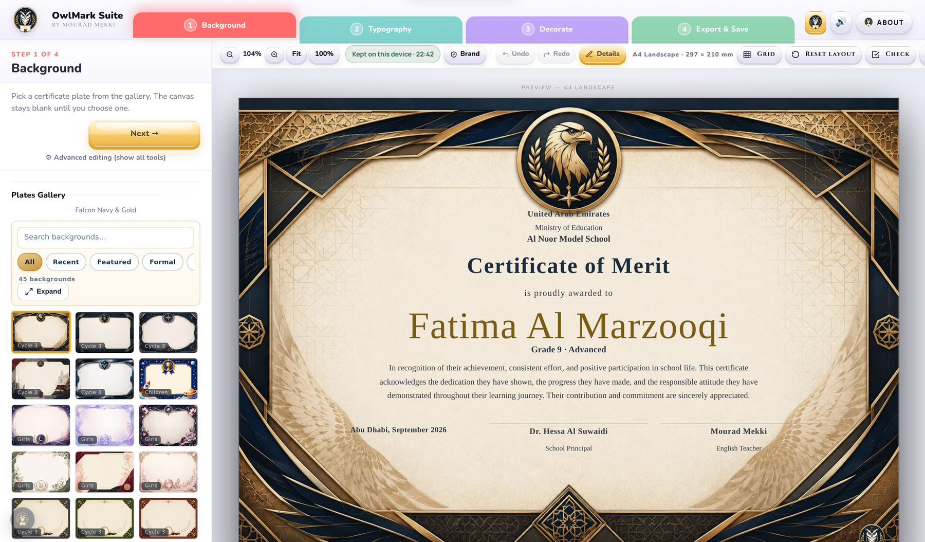 Certificate Studio with the Falcon Navy and Gold plate applied: an A4 landscape Certificate of Merit with a gold falcon crest, awarded to a Grade 9 Advanced student, with signature lines for the teacher and the principal.