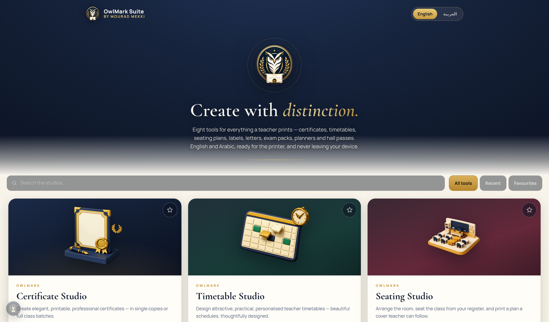The OwlMark Suite home screen: a gold owl crest on deep navy above the heading Create with distinction, a search bar, and the first row of studio cards for Certificate, Timetable and Seating.