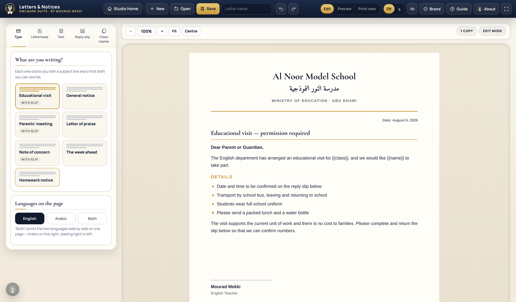 Letters and Notices studio: a picker of seven letter types and a language selector, beside a printed permission letter for an educational visit with a bilingual school letterhead and a bulleted list of details.