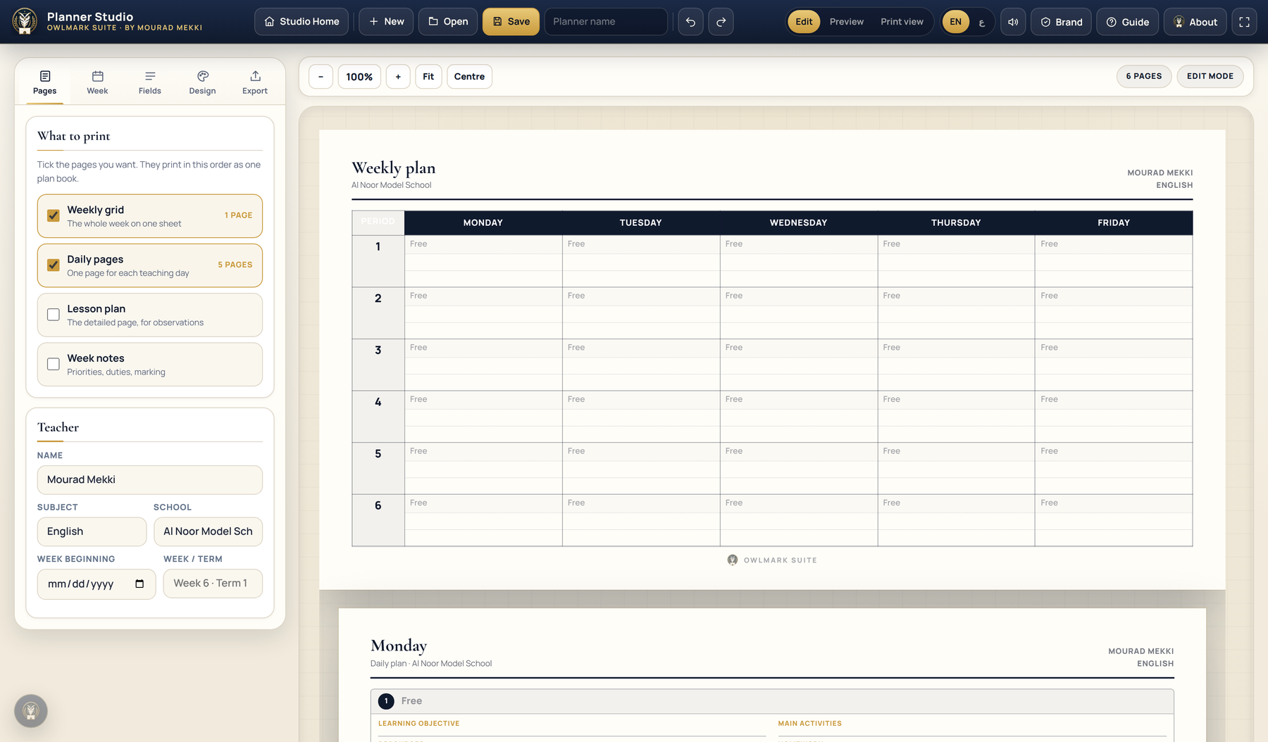 Planner Studio: a page checklist and teacher details on the left, beside a printed weekly plan grid of six periods across five days, with a daily plan page beginning underneath it.