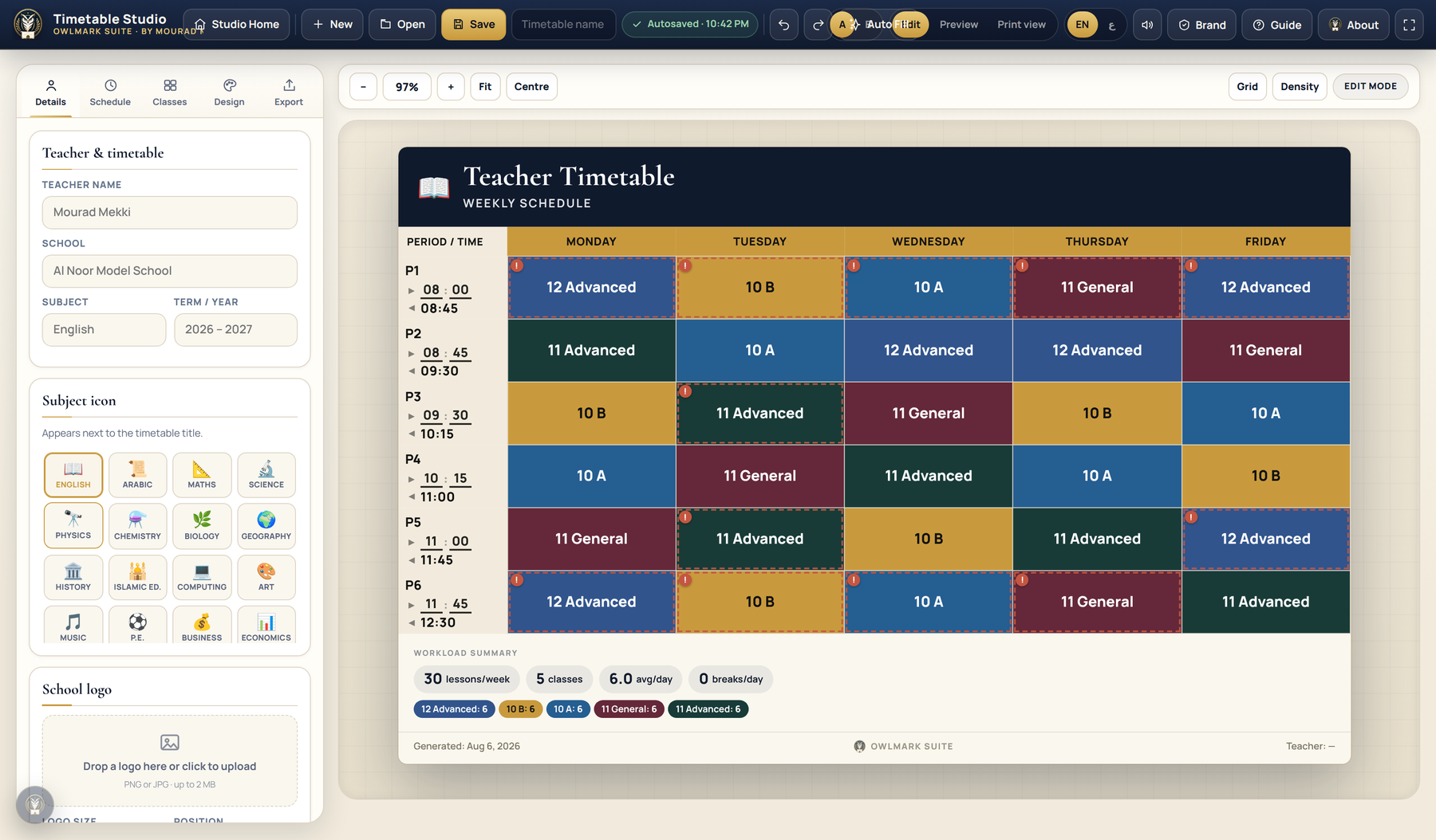 Timetable Studio: a details panel on the left for teacher, school, subject and term, beside a navy-headed weekly timetable grid running Monday to Friday across six periods with editable start and end times.
