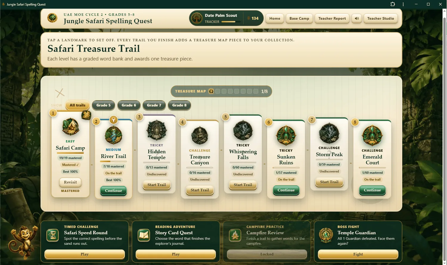 The Safari Treasure Trail of eight graded spelling trails with a treasure-map progress strip.