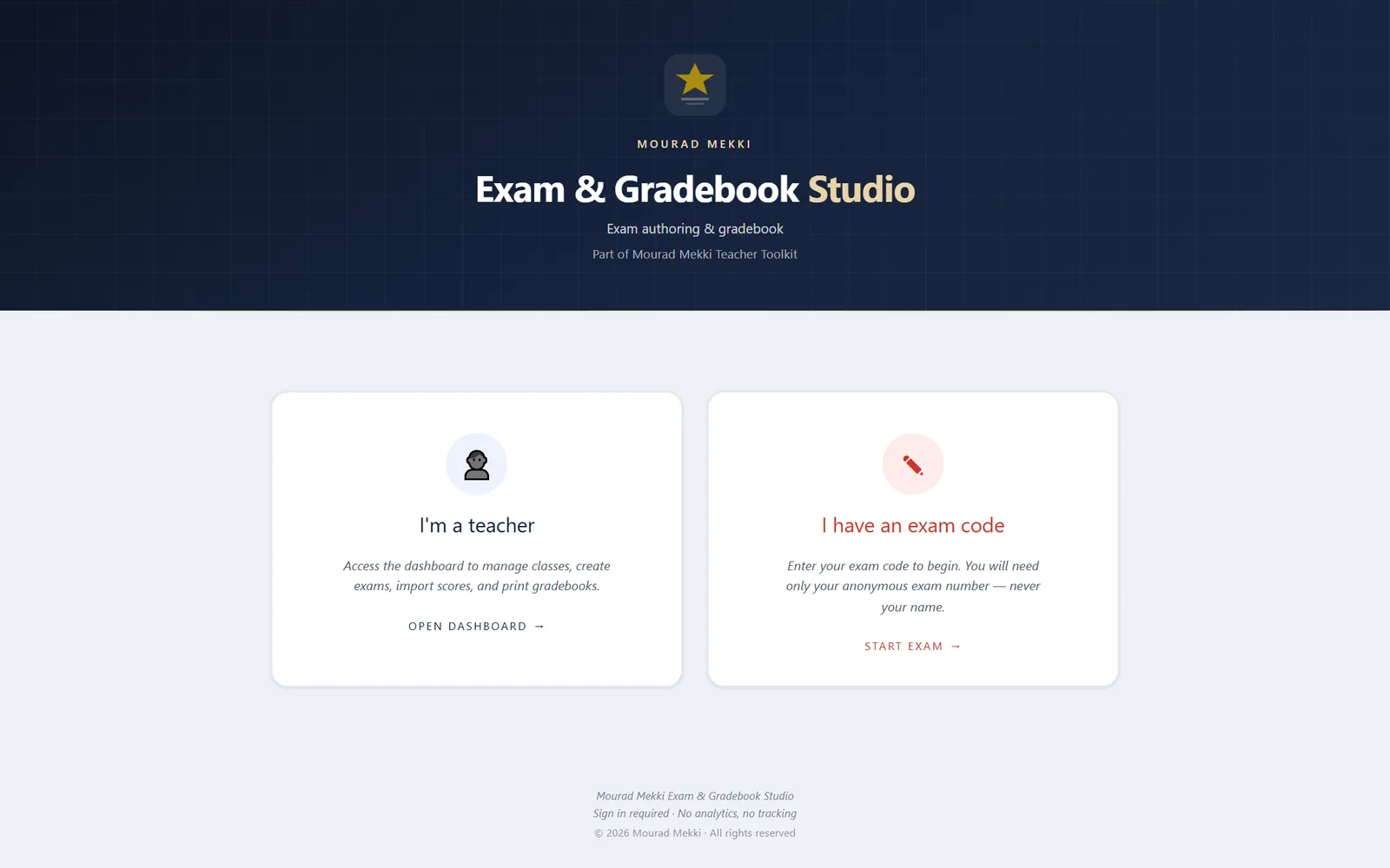 Exam & Gradebook Studio platform interface
