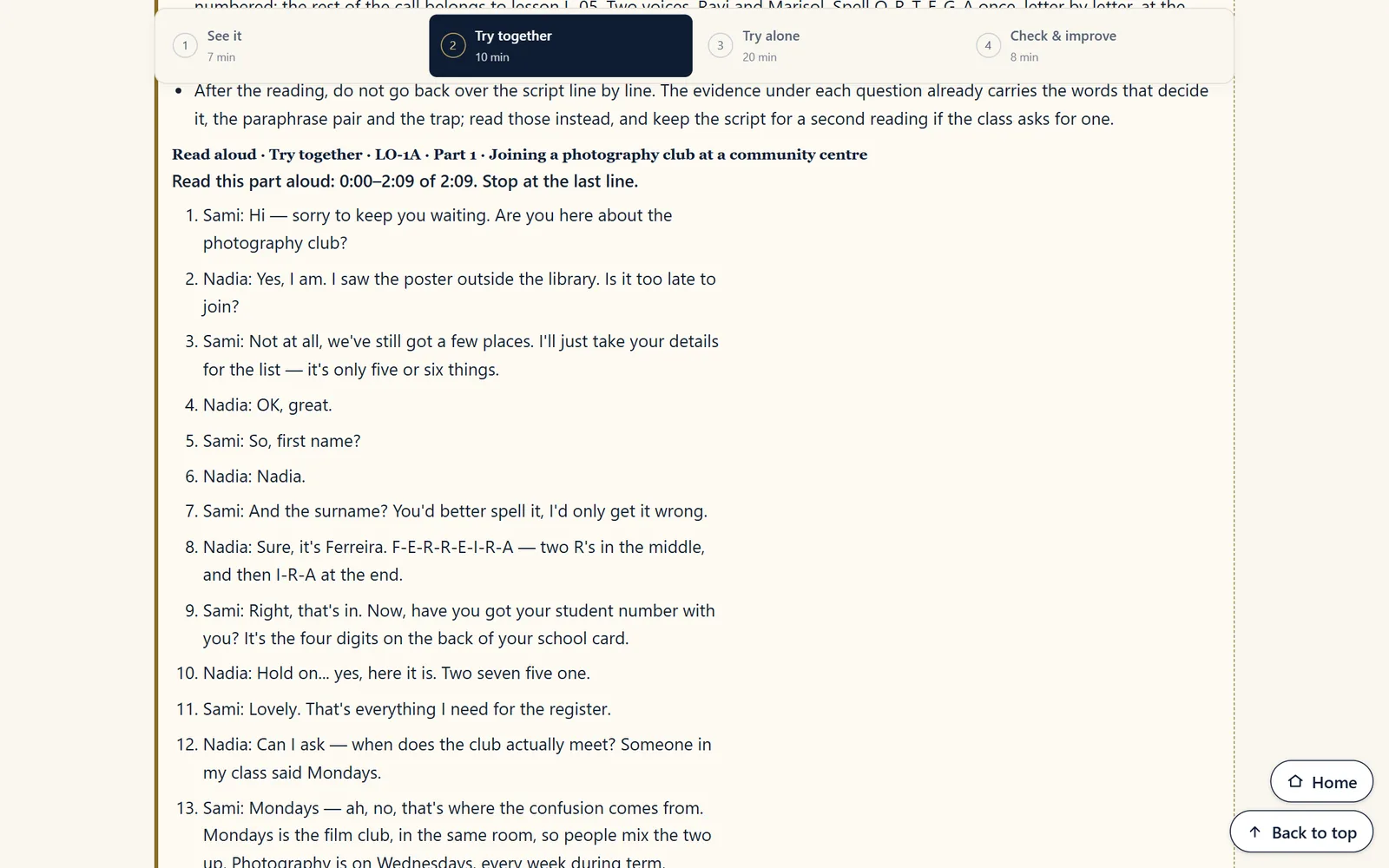 Teacher notes for a Listening lesson showing a numbered classroom read-aloud script between two fictional speakers.