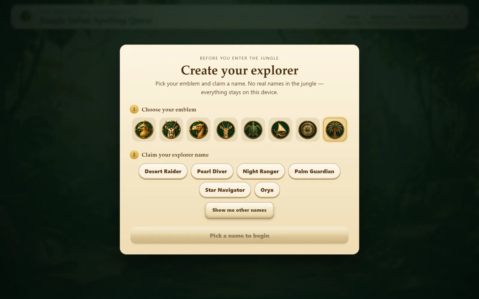 First-visit screen: create your explorer by choosing an emblem and an invented explorer name.