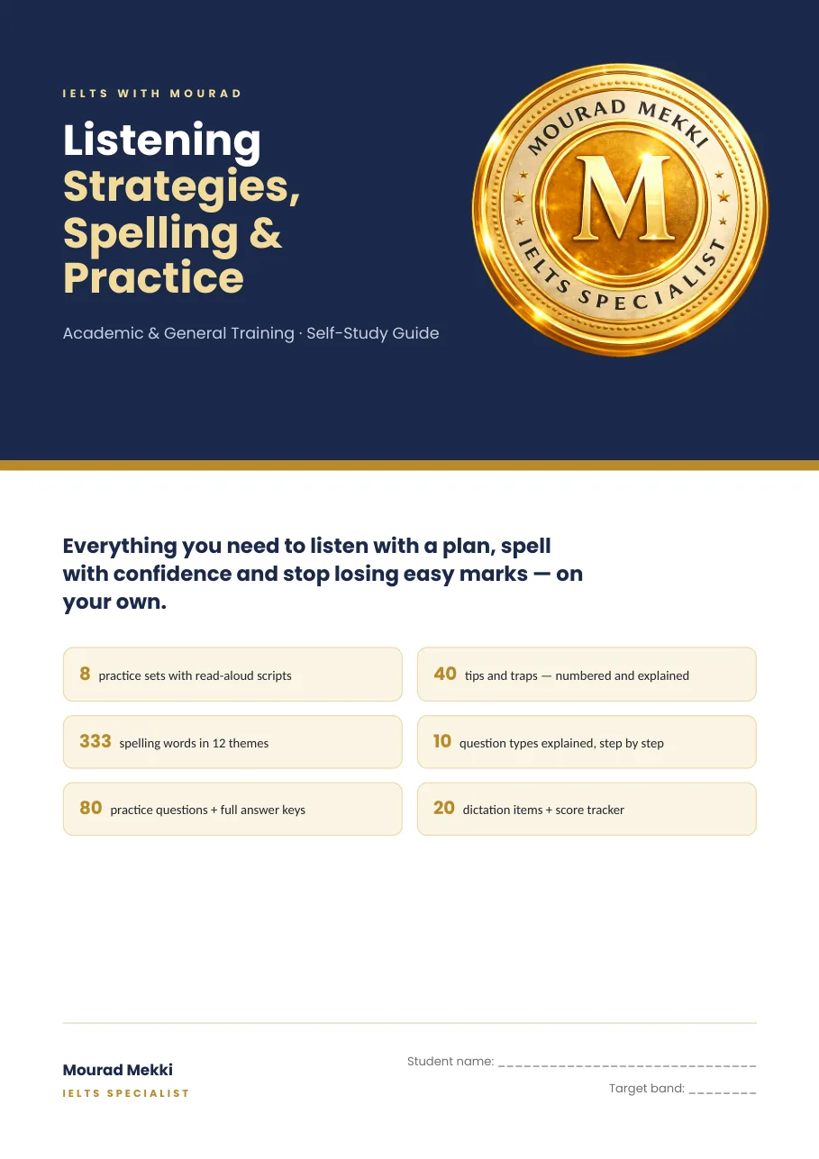 Cover of Listening Strategies, Spelling and Practice, Self-Study Guide, navy and gold.