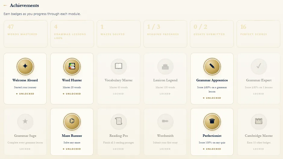 Achievements board of UAE-themed badges with totals for words mastered and essays submitted.