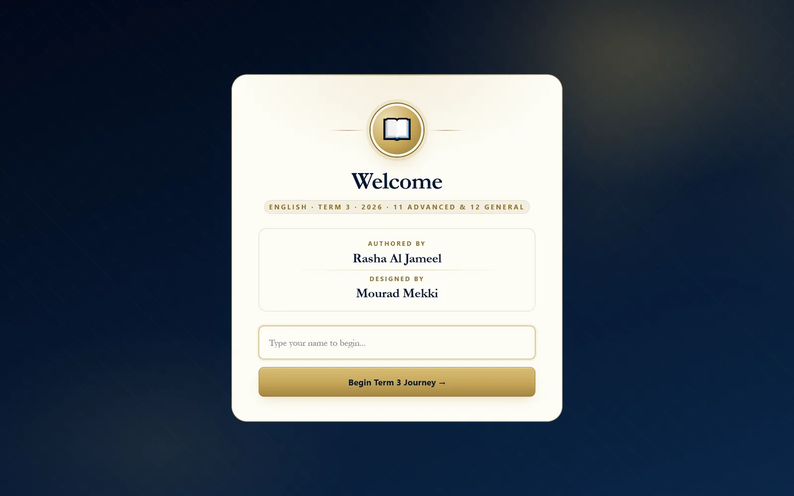 Welcome card crediting Rasha Al Jameel as author and Mourad Mekki as designer, with a name field to begin.