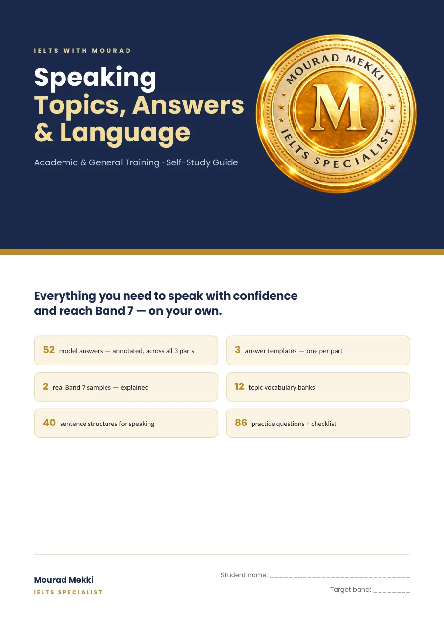 Cover of Speaking Topics, Answers and Language, Self-Study Guide, navy and gold.