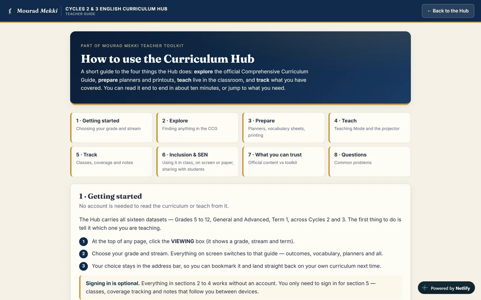 The Teacher Guide: How to use the Curriculum Hub, with sections for getting started, explore, prepare, teach, track, inclusion and SEN, and what you can trust.