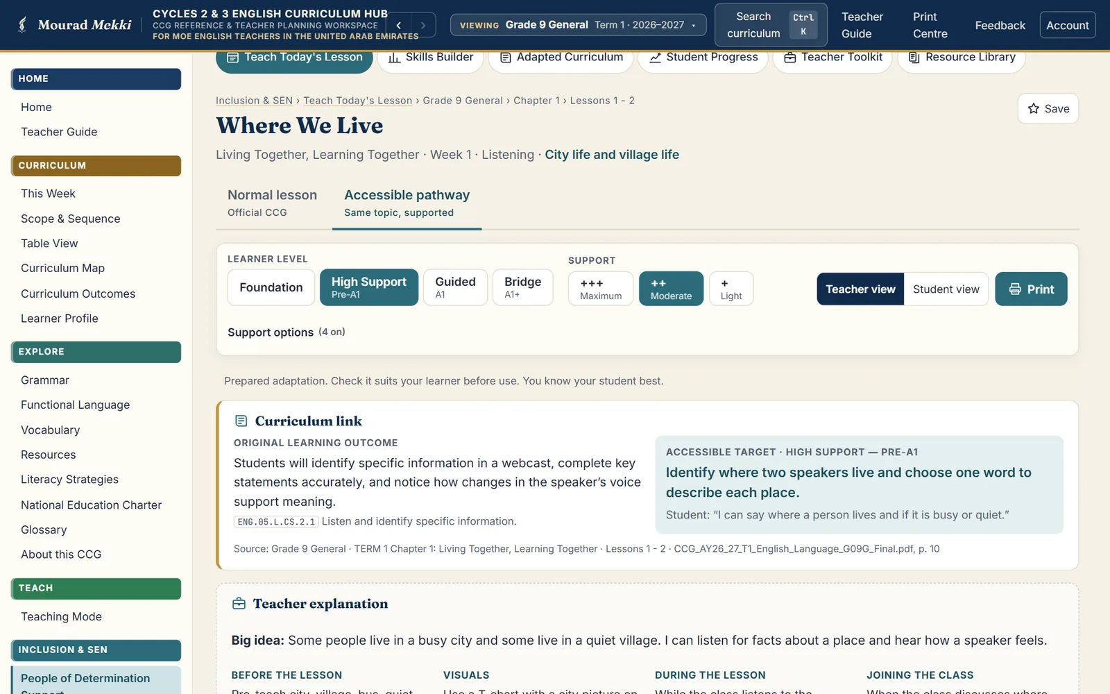 An Inclusion and SEN lesson view: a Normal lesson tab beside an Accessible pathway tab, four learner levels, the original learning outcome and the accessible target, under the note Prepared adaptation.