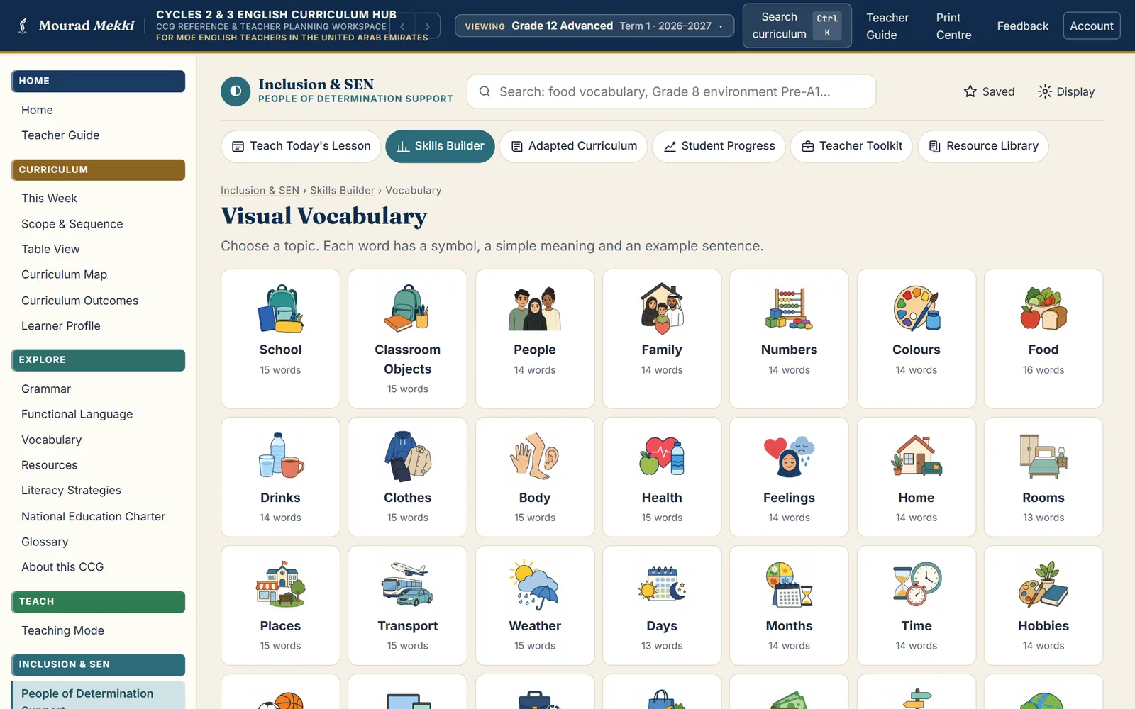Visual Vocabulary: a grid of everyday topics such as School, Family, Food, Feelings and Weather, each with a picture.