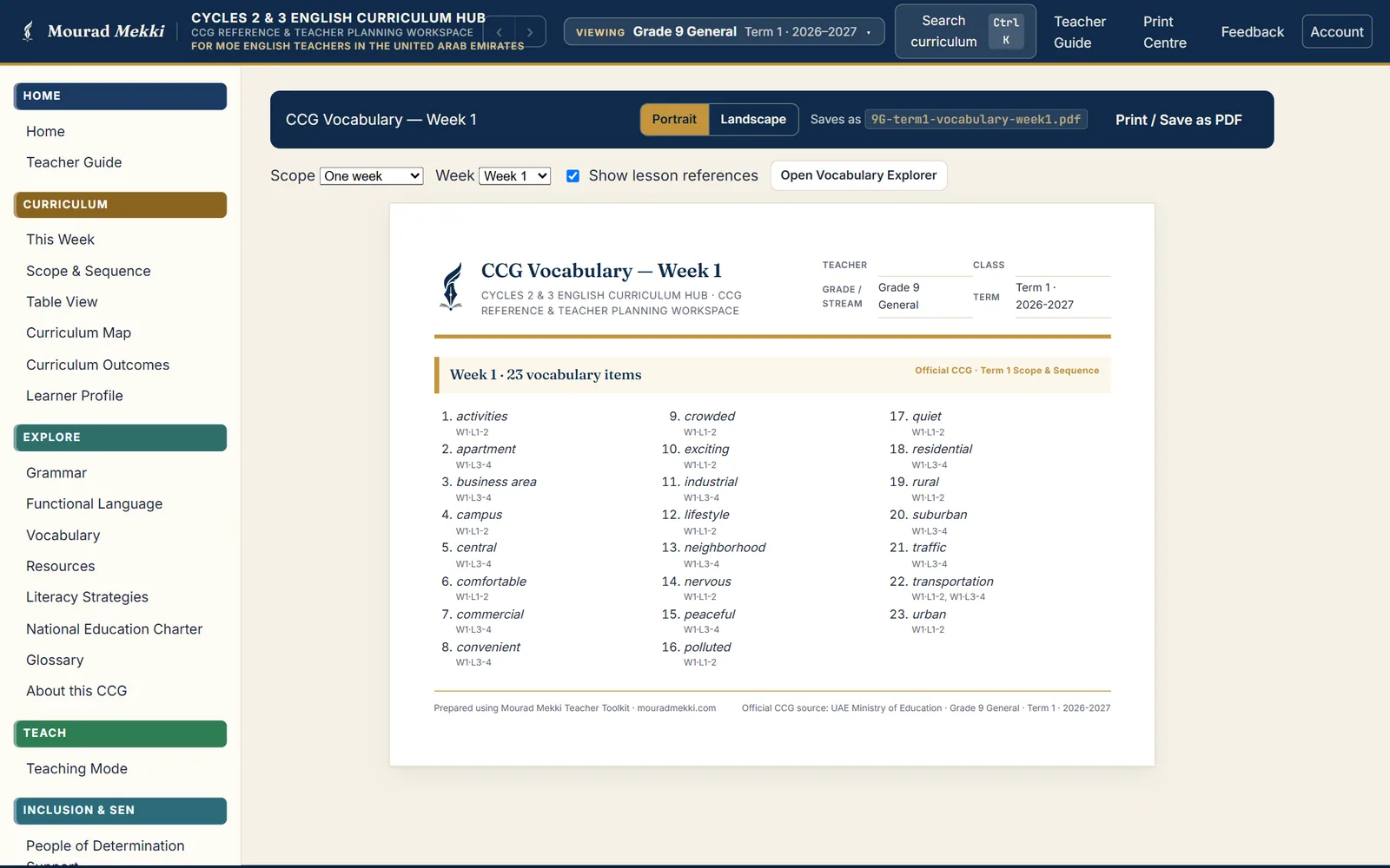An A4 CCG vocabulary sheet listing 23 Week 1 words with their lesson references.